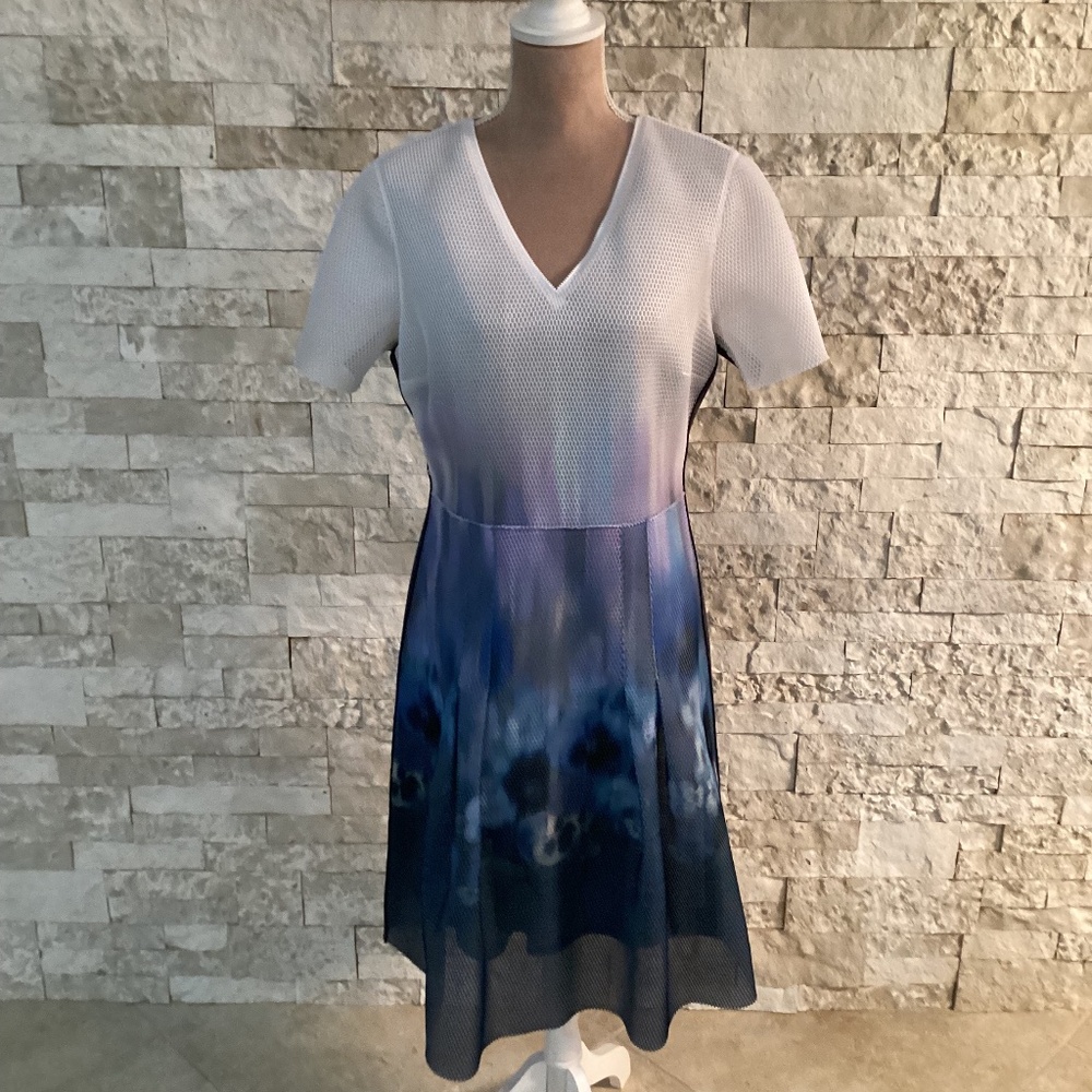 Elie Tahari white and blue holographic mesh midi dress